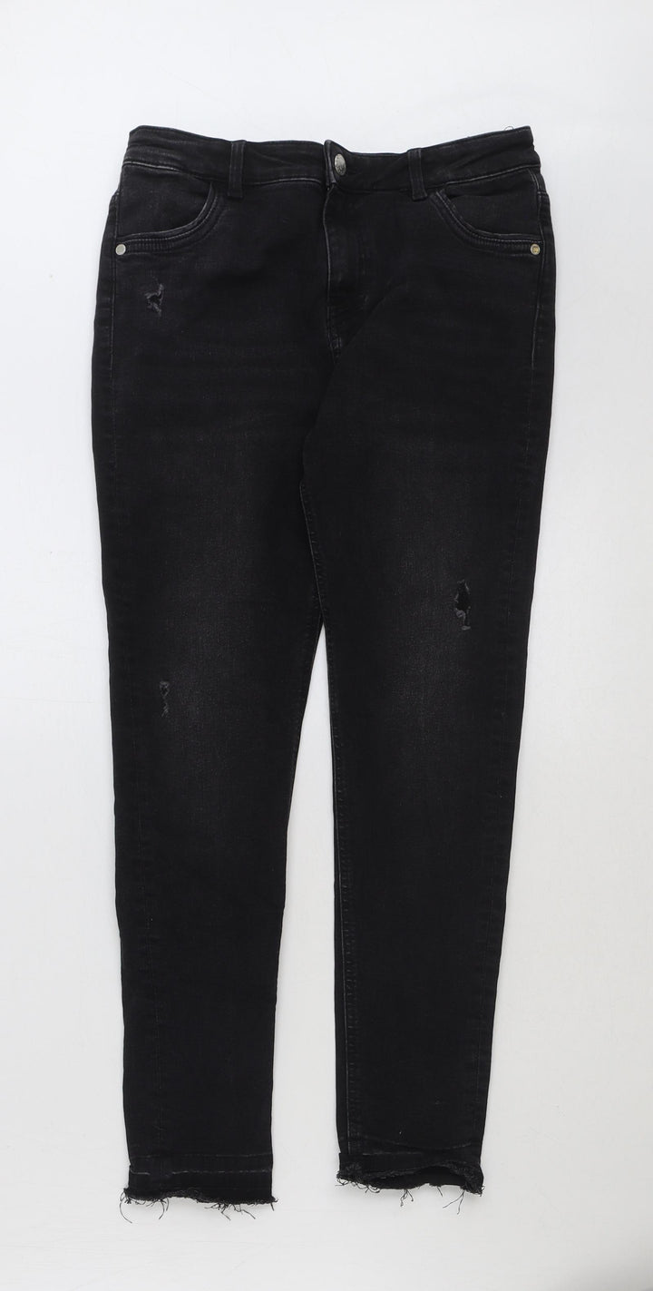 Marks and Spencer Girls Black Cotton Skinny Jeans Size 12-13 Years Regular Button - Distressed