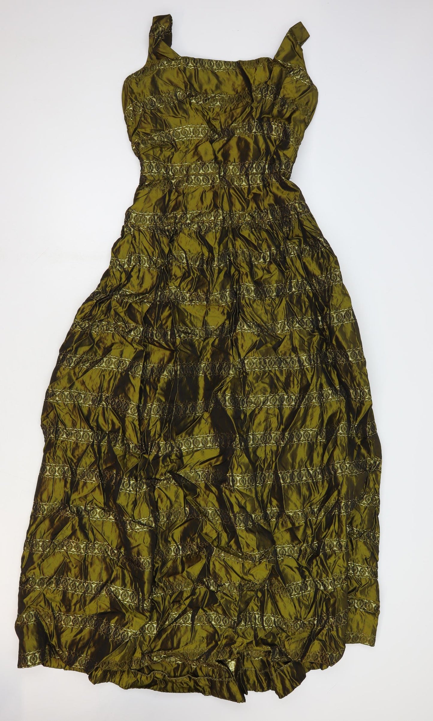 Frank Usher Womens Gold Striped Polyester Ball Gown Size 10 Square Neck Zip