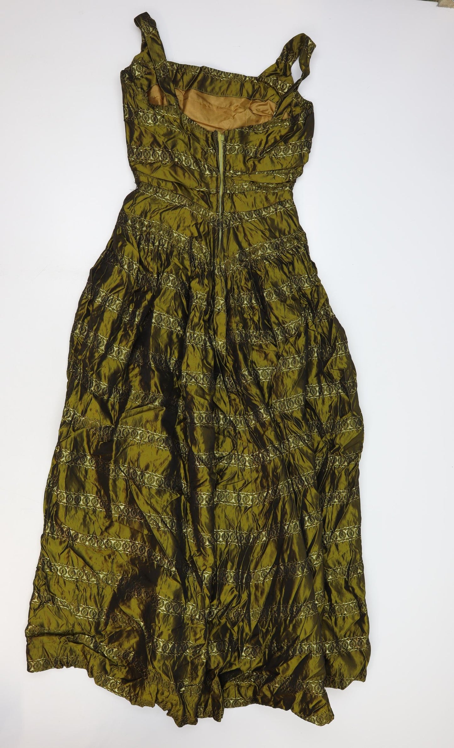 Frank Usher Womens Gold Striped Polyester Ball Gown Size 10 Square Neck Zip