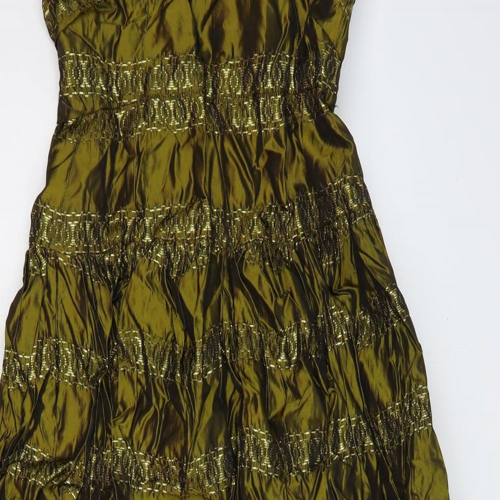 Frank Usher Womens Gold Striped Polyester Ball Gown Size 10 Square Neck Zip