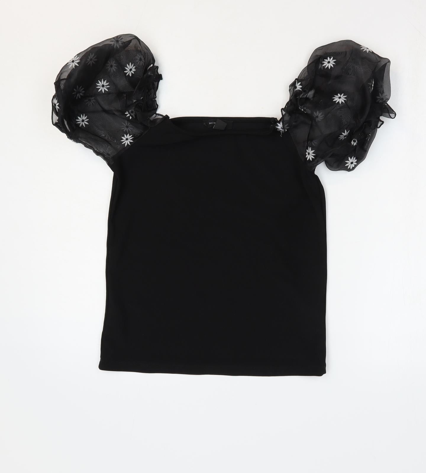 New Look Womens Black Floral Polyester Basic T-Shirt Size 14 Square Neck - Ribbed Puff Sleeve