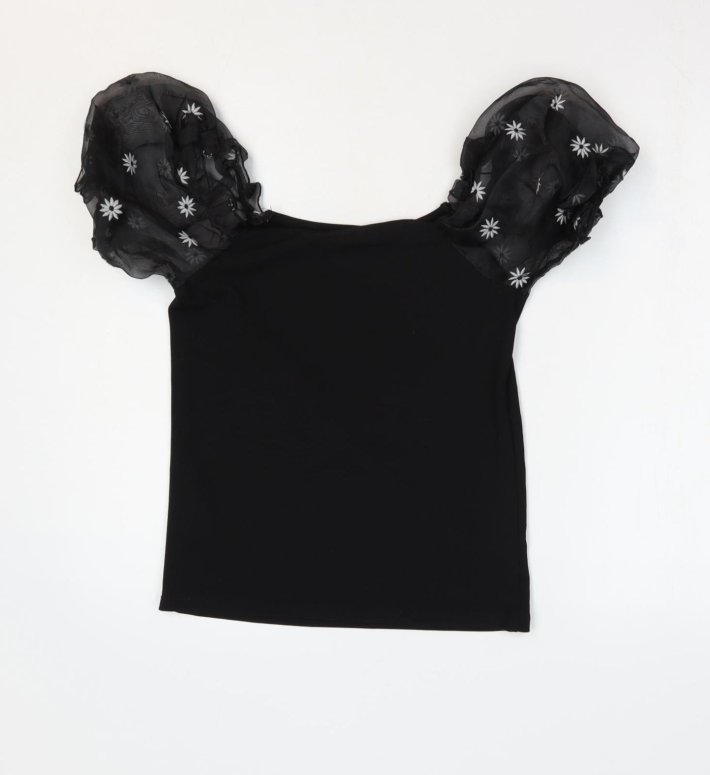 New Look Womens Black Floral Polyester Basic T-Shirt Size 14 Square Neck - Ribbed Puff Sleeve