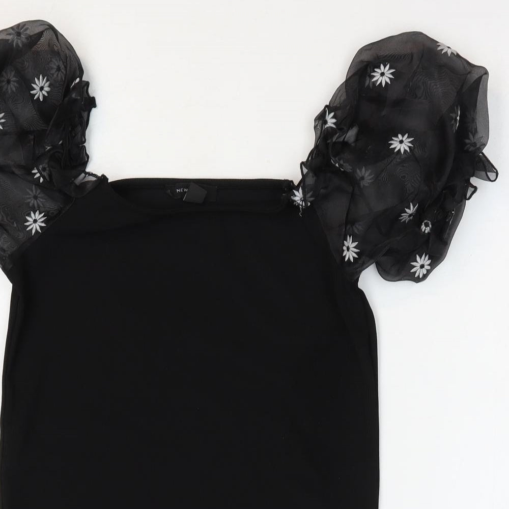 New Look Womens Black Floral Polyester Basic T-Shirt Size 14 Square Neck - Ribbed Puff Sleeve