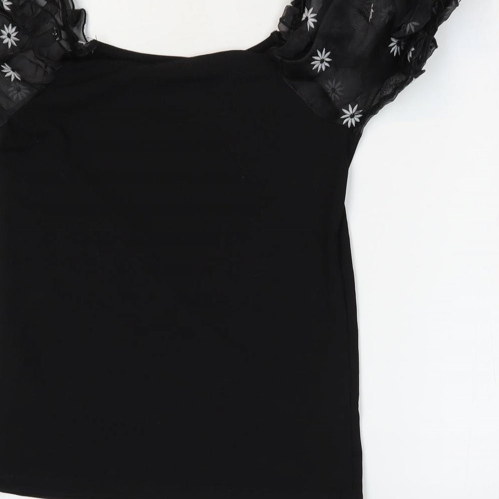 New Look Womens Black Floral Polyester Basic T-Shirt Size 14 Square Neck - Ribbed Puff Sleeve