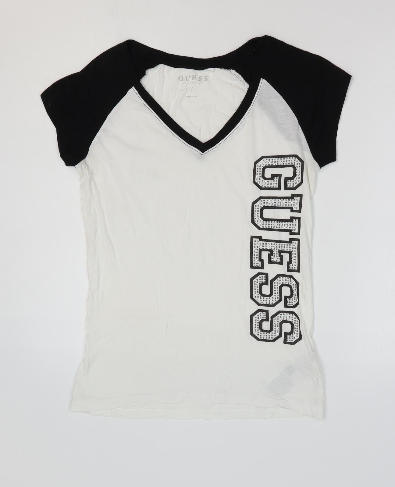 GUESS Womens White 100% Cotton Ringer T-Shirt Size S V-Neck