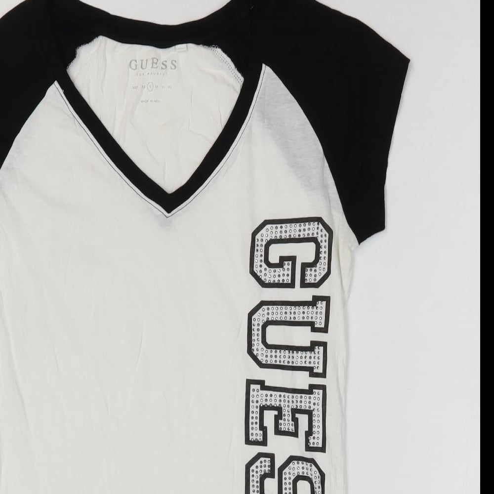 GUESS Womens White 100% Cotton Ringer T-Shirt Size S V-Neck