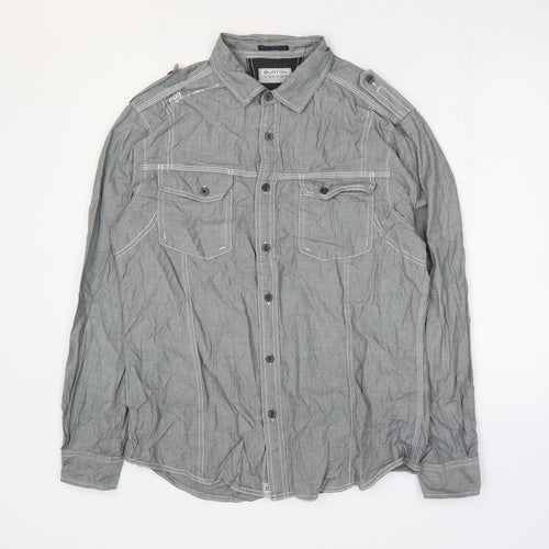 Burton Mens Grey Cotton Button-Up Size L Collared Button