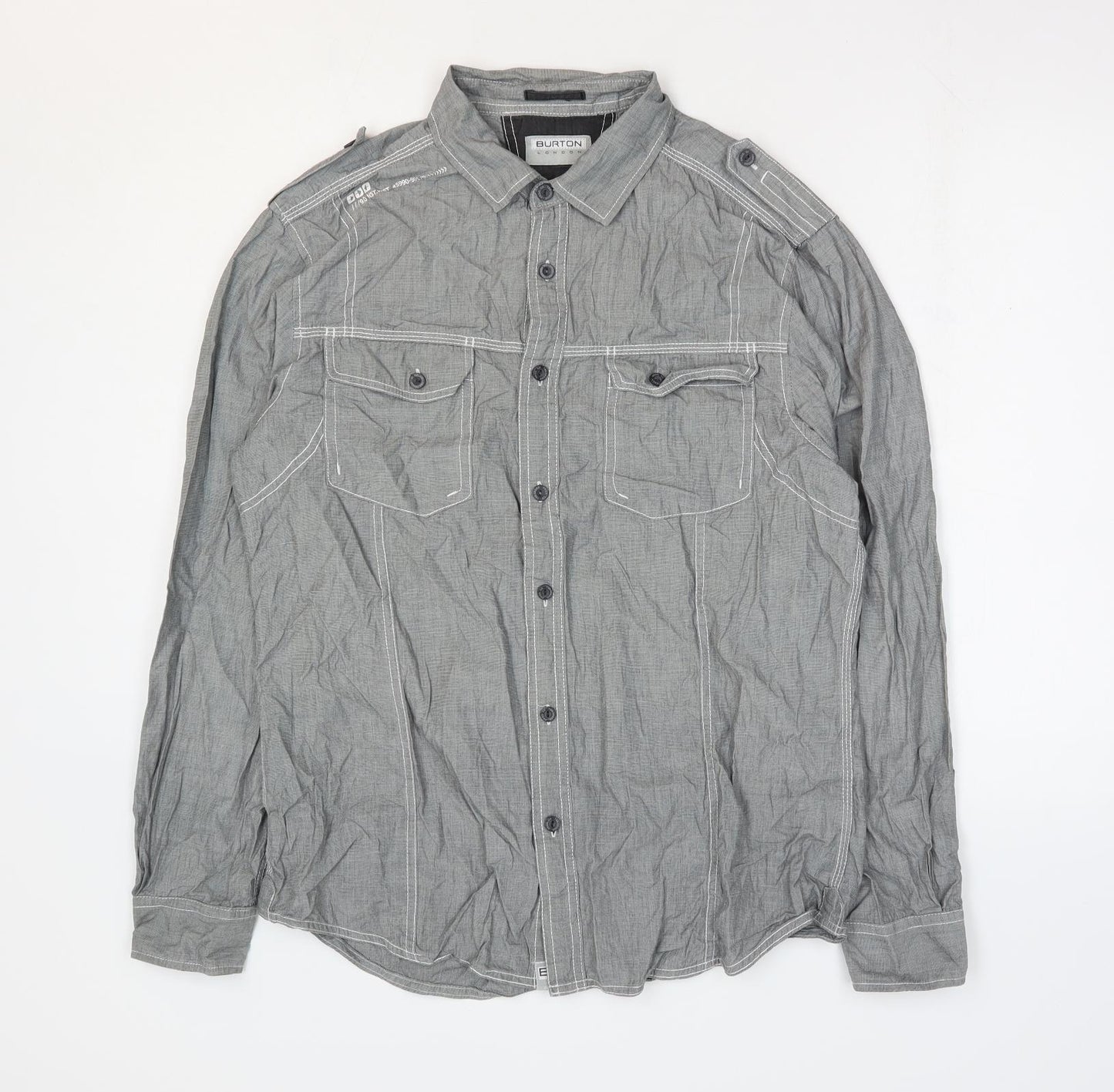 Burton Mens Grey Cotton Button-Up Size L Collared Button