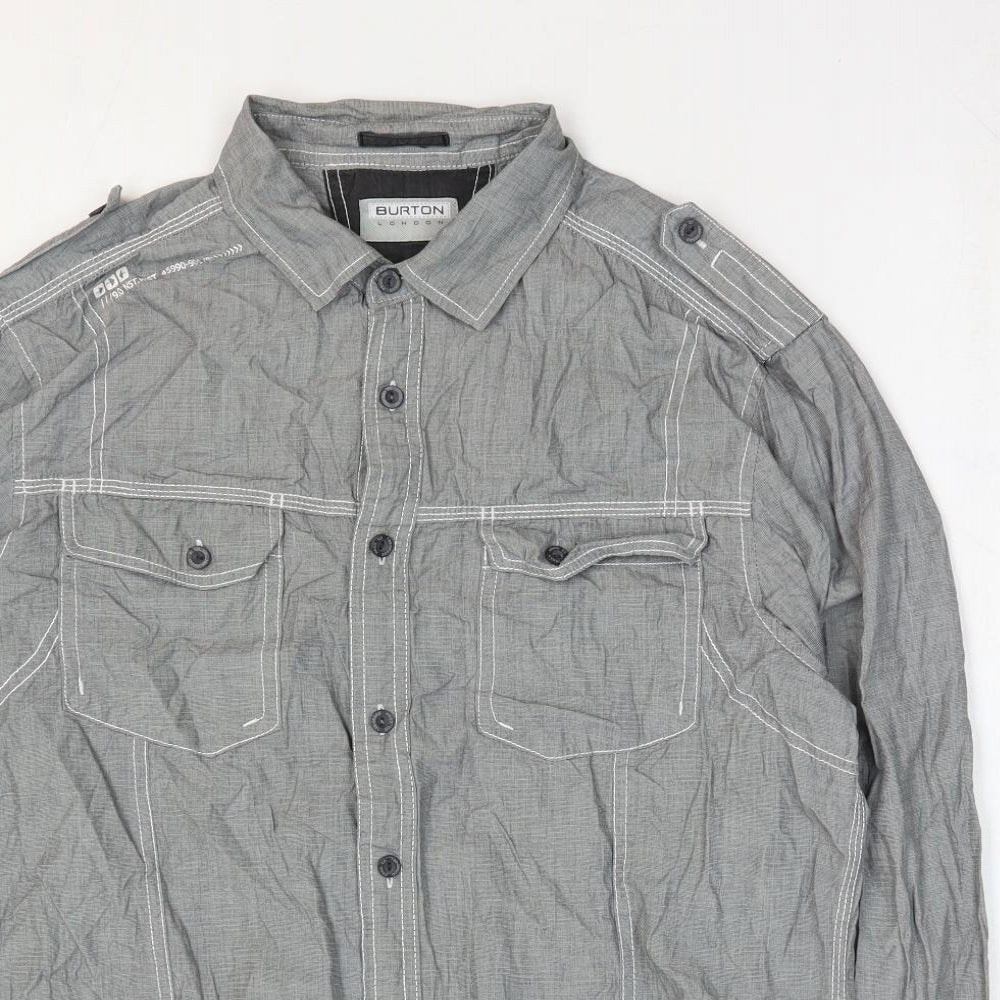 Burton Mens Grey Cotton Button-Up Size L Collared Button