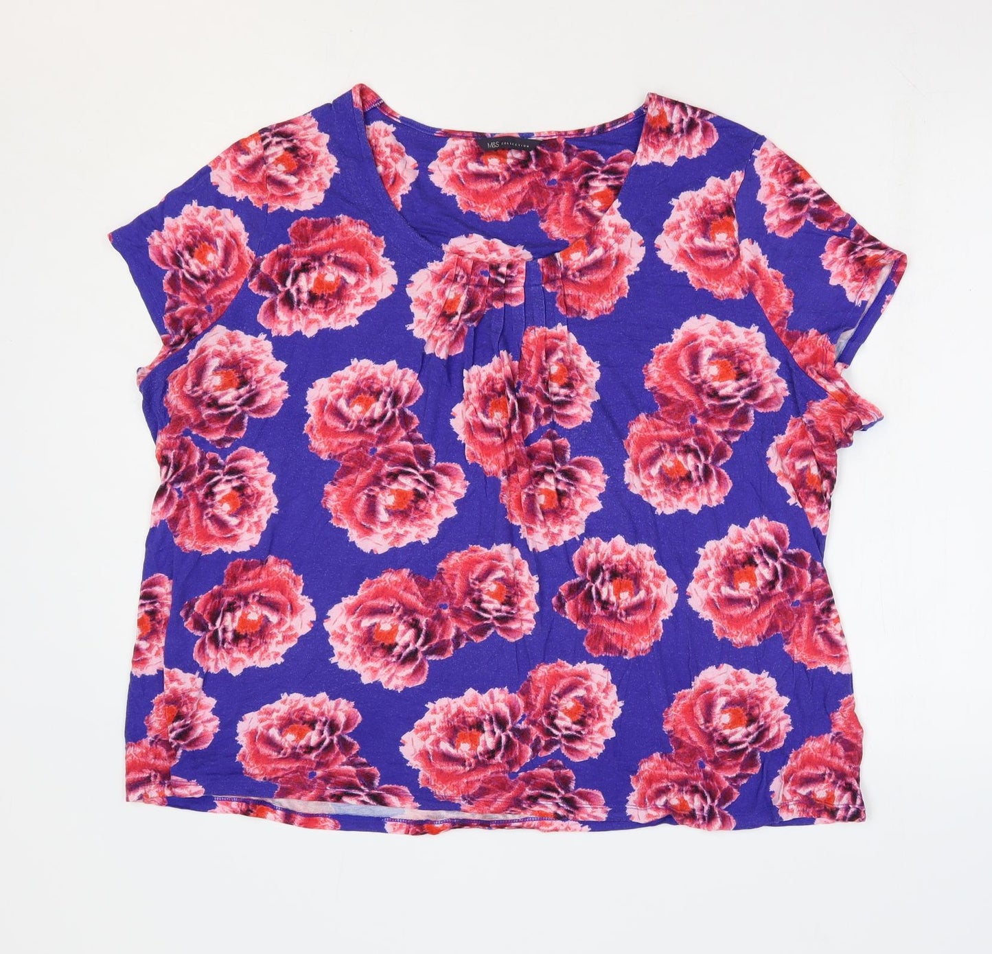 Marks and Spencer Womens Blue Floral Viscose Basic T-Shirt Size 22 Round Neck