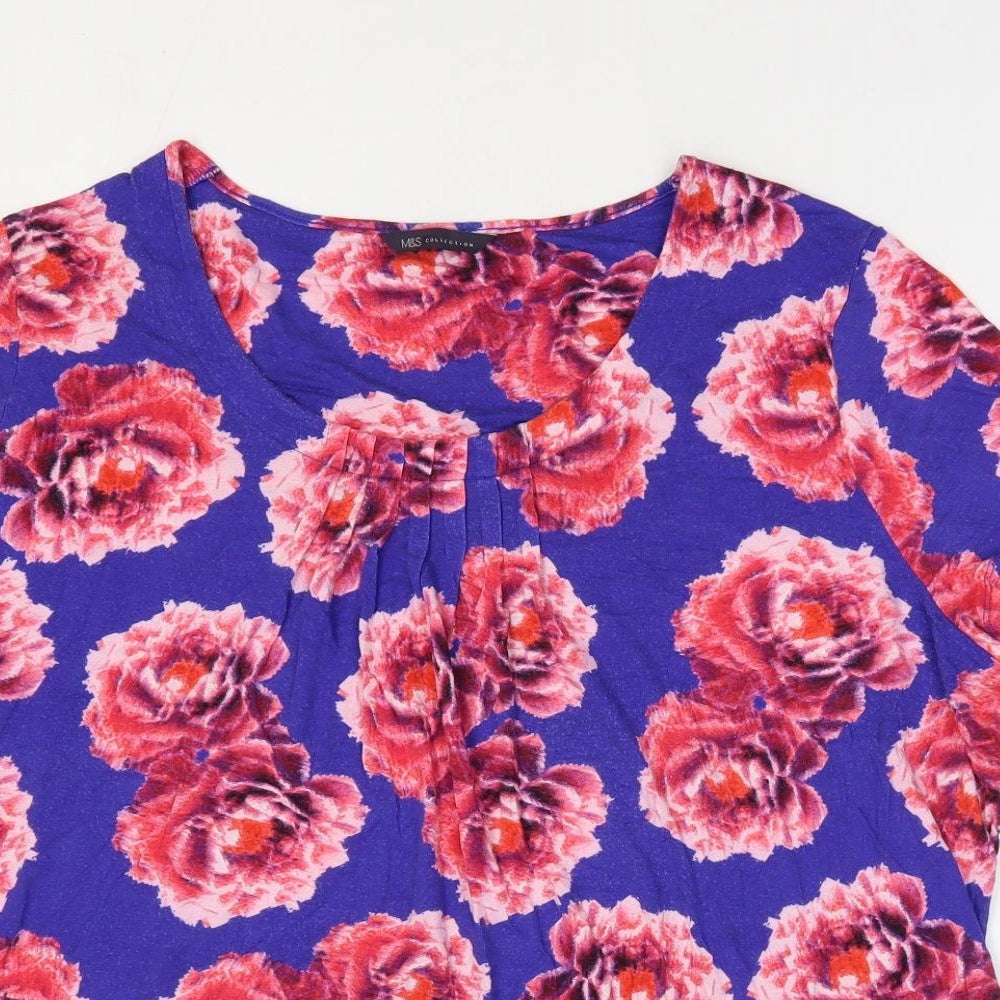 Marks and Spencer Womens Blue Floral Viscose Basic T-Shirt Size 22 Round Neck