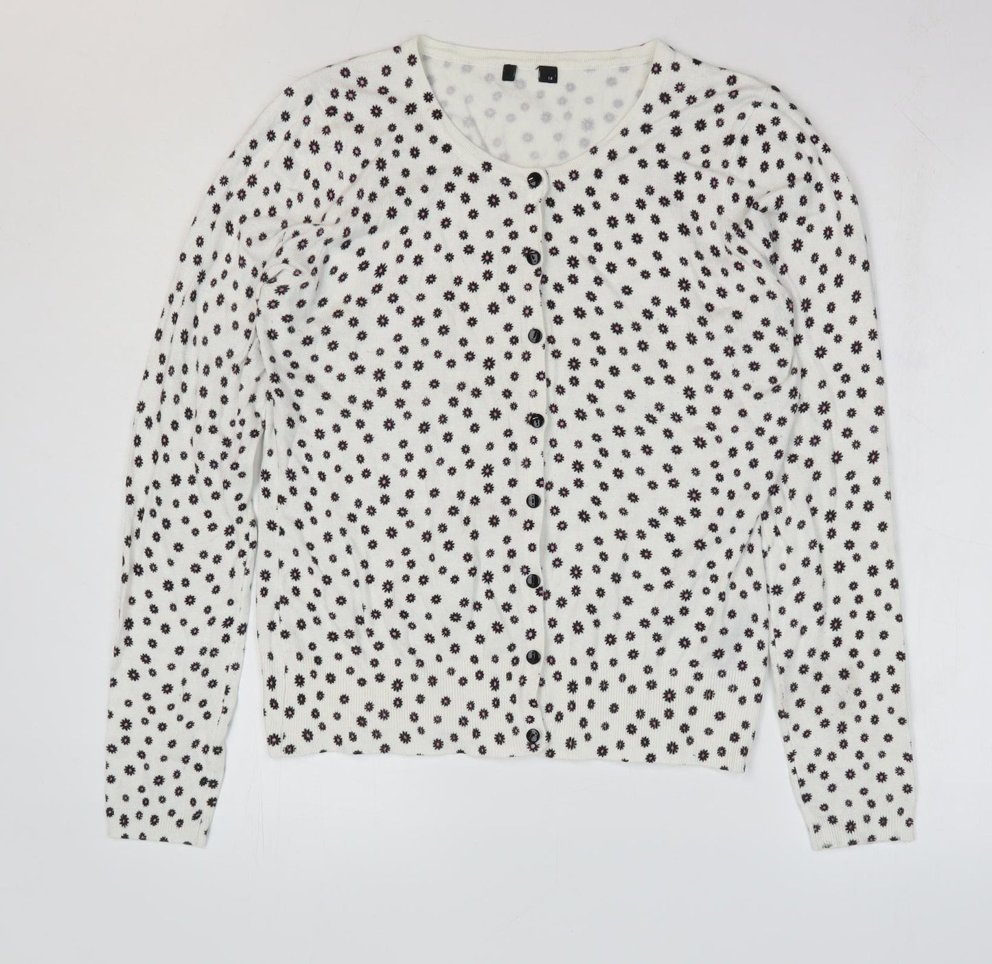 M&Co Womens White Round Neck Floral Viscose Cardigan Jumper Size 14