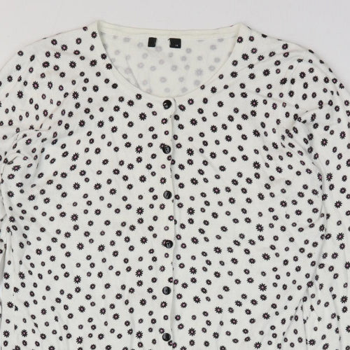 M&Co Womens White Round Neck Floral Viscose Cardigan Jumper Size 14