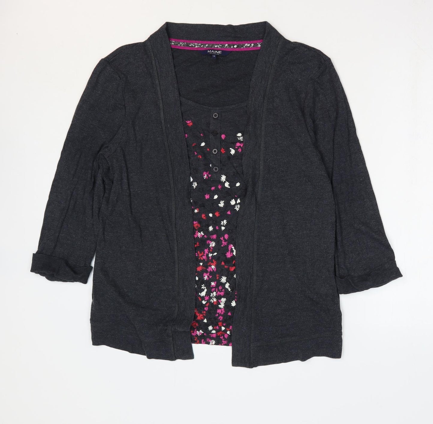Maine Womens Grey Floral Cotton Basic Blouse Size 18 Scoop Neck - 2 in 1 Top