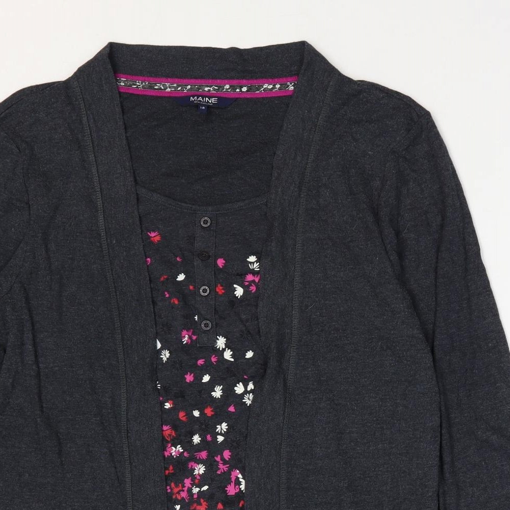 Maine Womens Grey Floral Cotton Basic Blouse Size 18 Scoop Neck - 2 in 1 Top