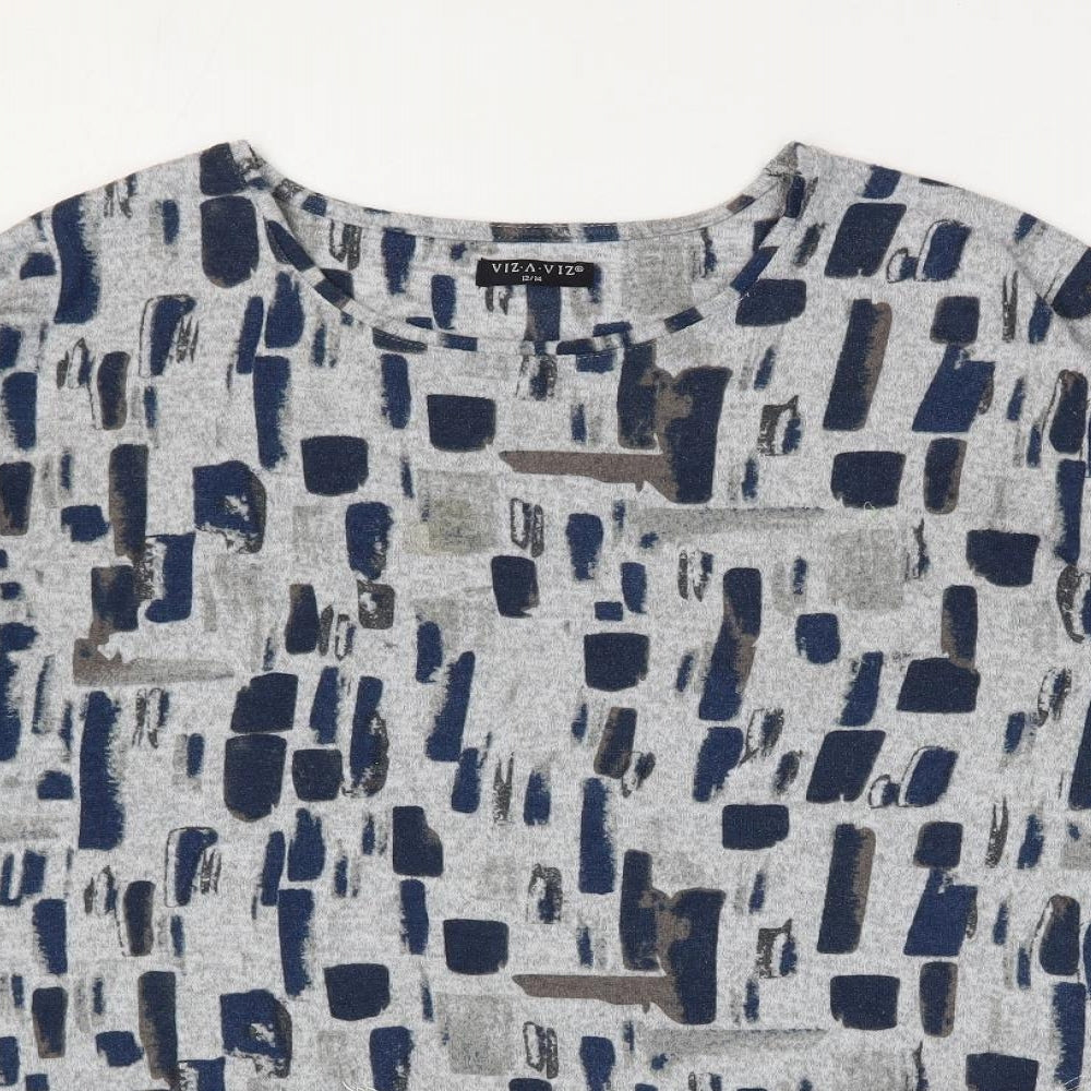 Viz A Viz Womens Grey Geometric Polyester Basic Blouse Size 12 Round Neck