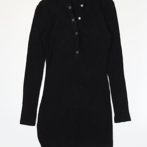Misspap Womens Black Cotton Mini Size 14 V-Neck Snap - Ribbed