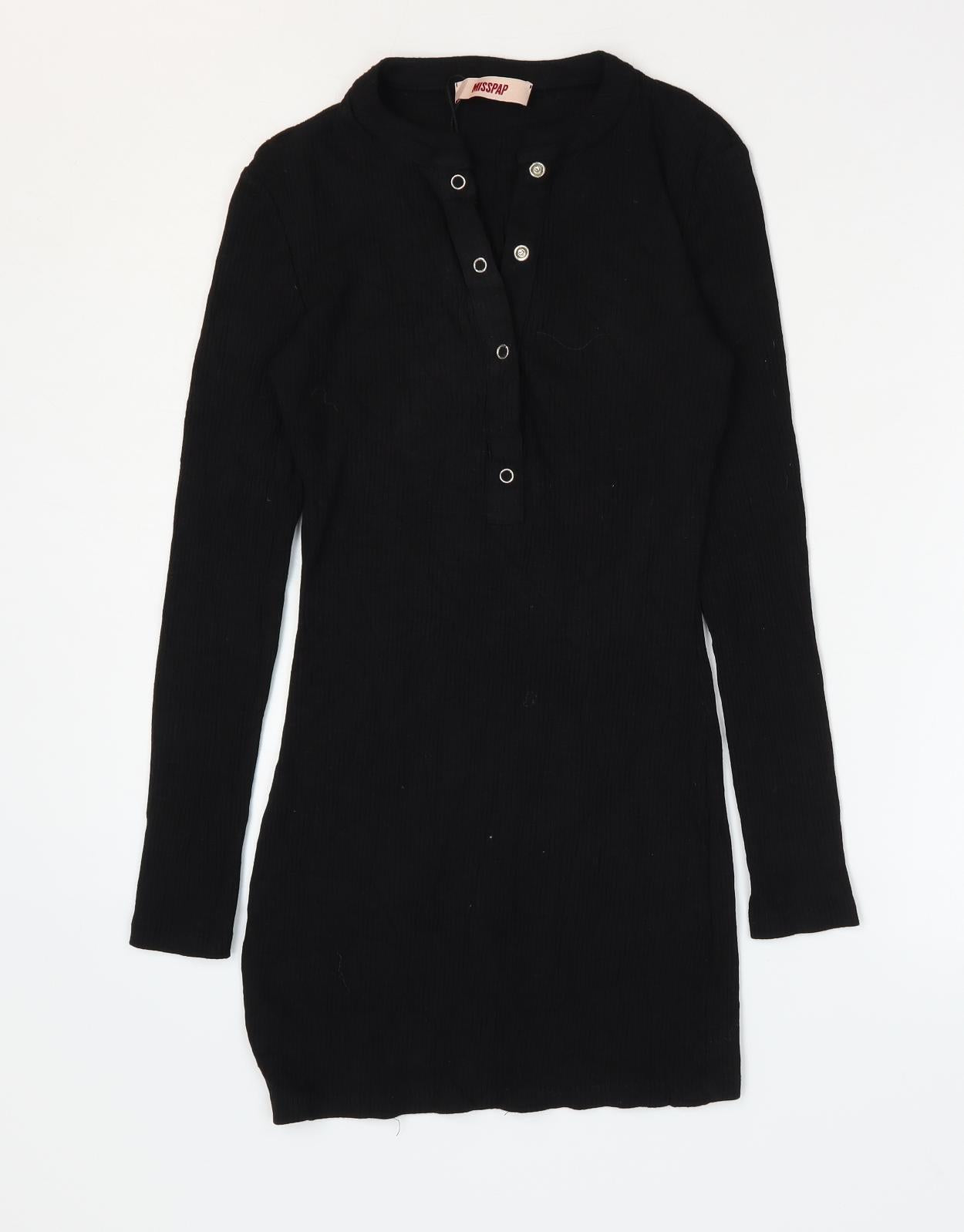 Misspap Womens Black Cotton Mini Size 14 V-Neck Snap - Ribbed