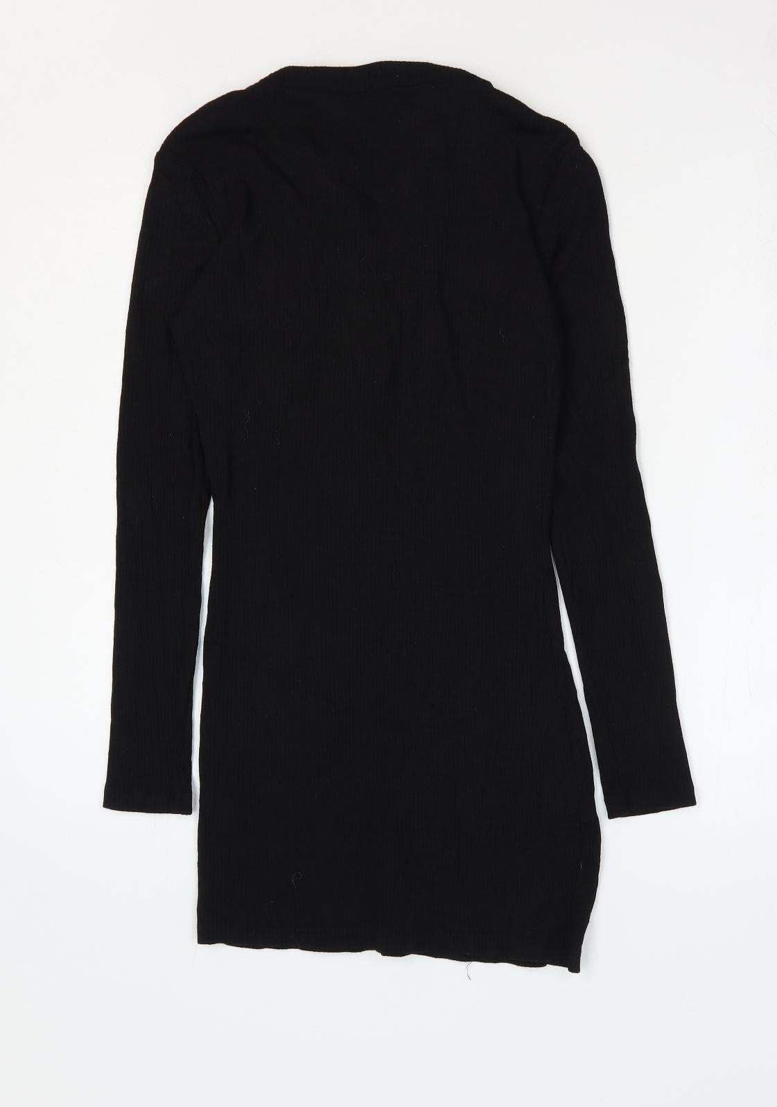 Misspap Womens Black Cotton Mini Size 14 V-Neck Snap - Ribbed