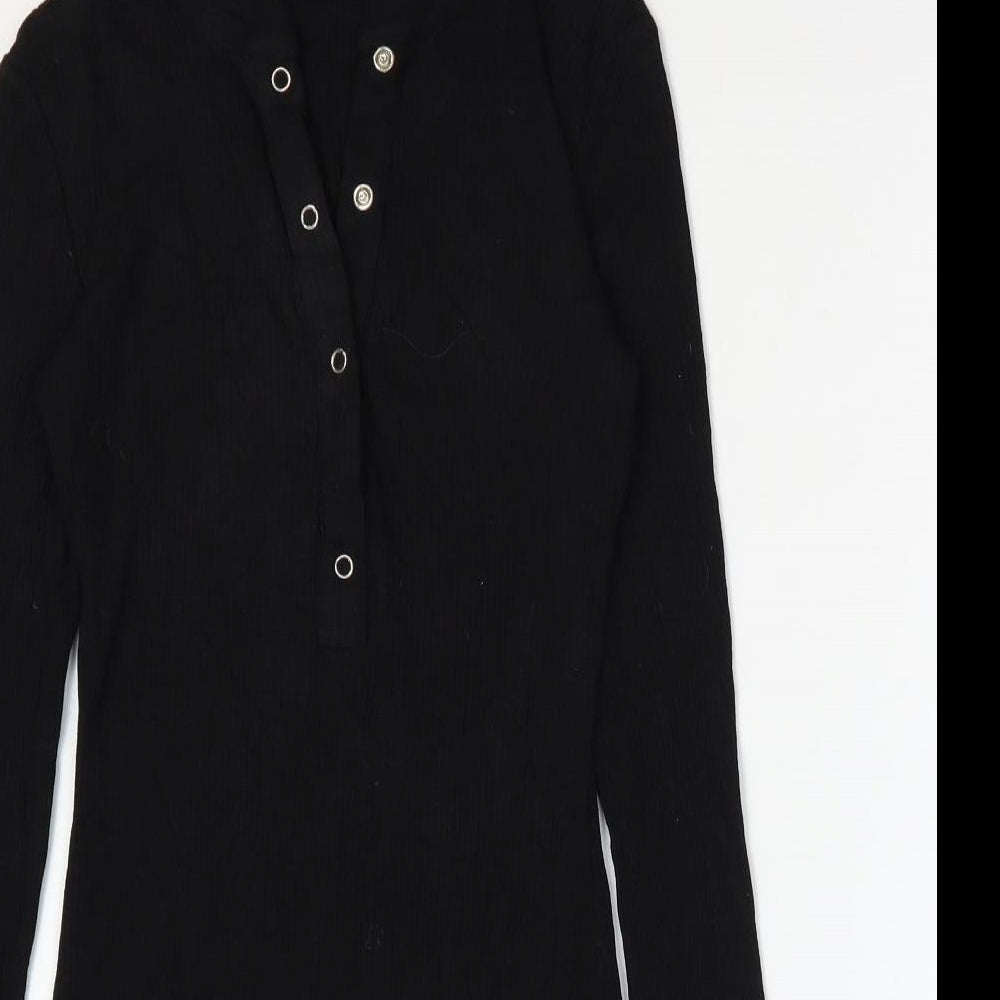 Misspap Womens Black Cotton Mini Size 14 V-Neck Snap - Ribbed