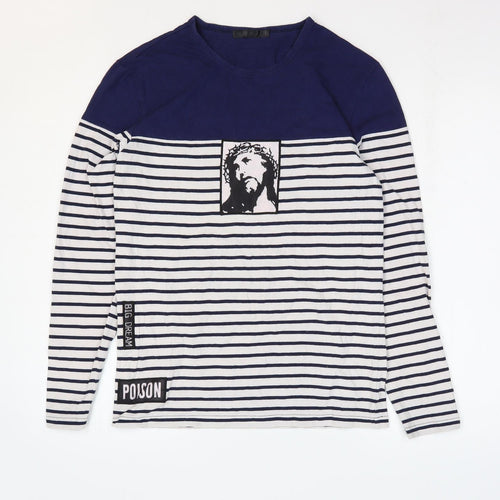 Ms Di Long Womens Blue Striped Cotton Basic T-Shirt Size L Round Neck