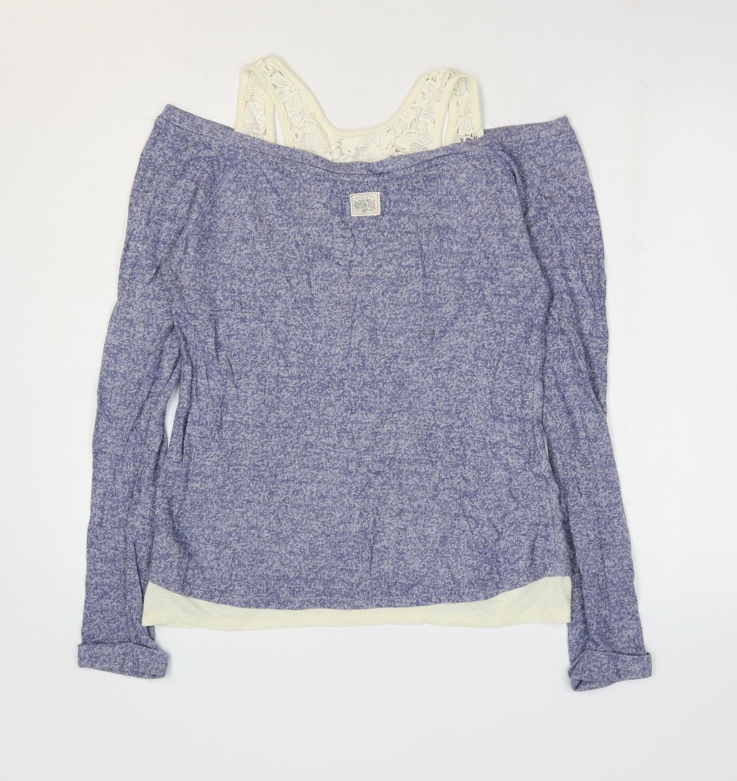 Hudson & Rose Womens Blue Cotton Basic Blouse Size 12 Round Neck - Cold Shoulder Lace Detail