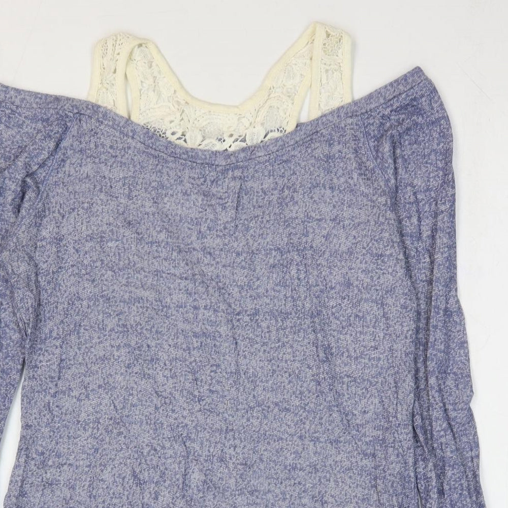 Hudson & Rose Womens Blue Cotton Basic Blouse Size 12 Round Neck - Cold Shoulder Lace Detail