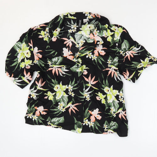 Divided by H&M Womens Black Floral Viscose Cropped Button-Up Size 4 Collared - Box Fit Shirt