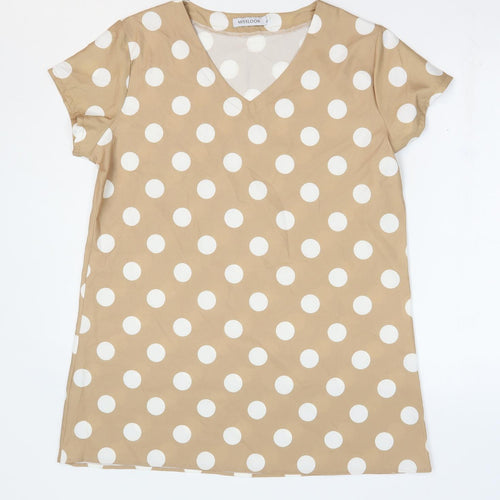 Miss Look Womens Beige Polka Dot Polyester Tunic T-Shirt Size XL V-Neck