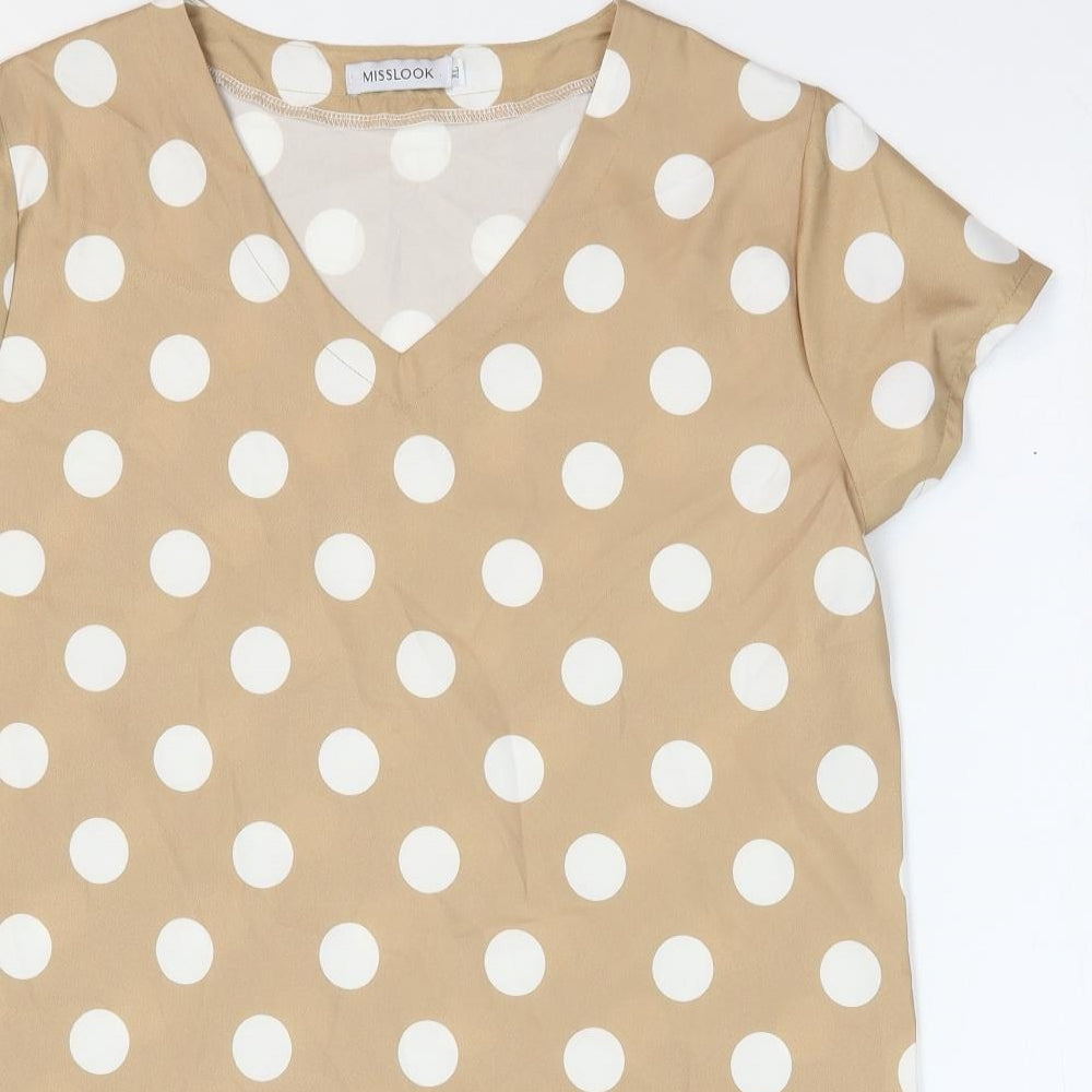 Miss Look Womens Beige Polka Dot Polyester Tunic T-Shirt Size XL V-Neck