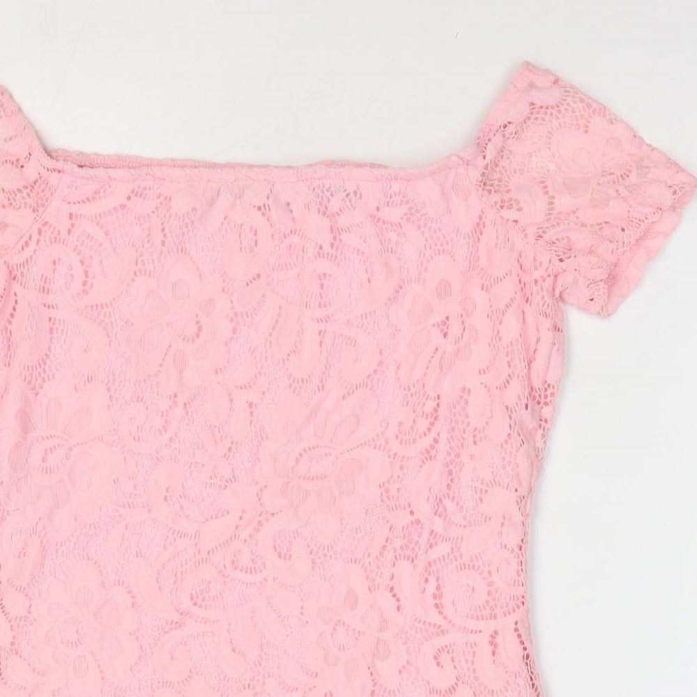 Dorothy Perkins Womens Pink Floral Nylon Basic T-Shirt Size 10 Off the Shoulder - Bardot