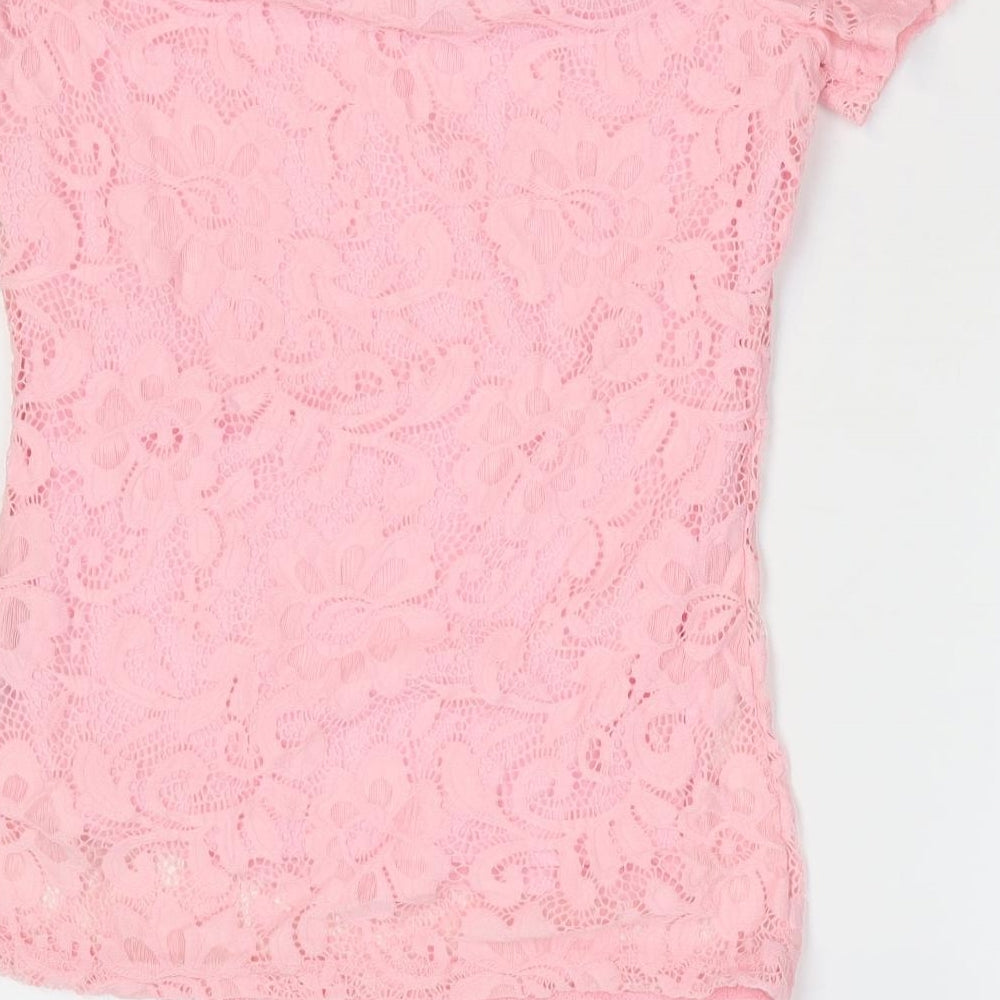 Dorothy Perkins Womens Pink Floral Nylon Basic T-Shirt Size 10 Off the Shoulder - Bardot
