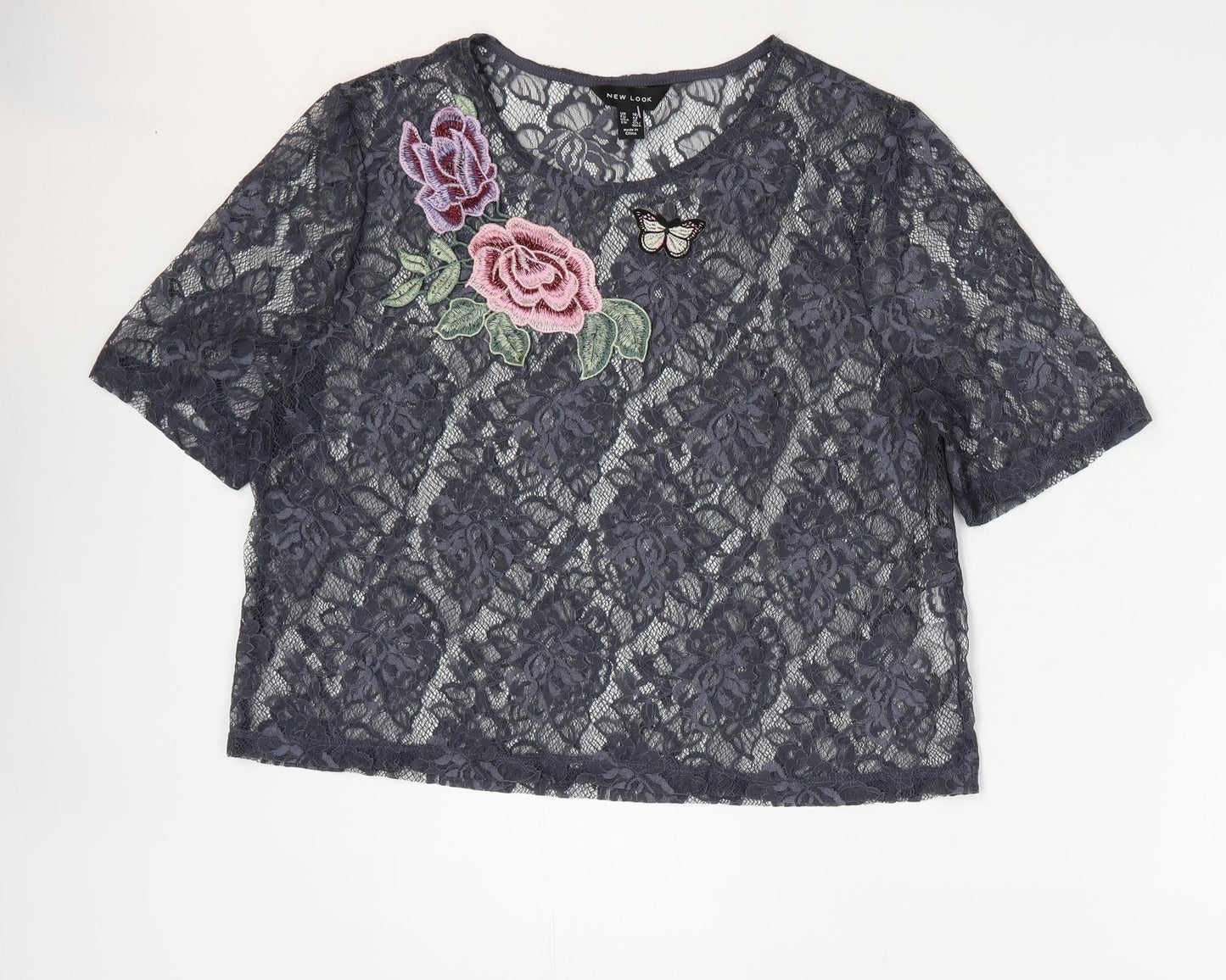 New Look Womens Grey Floral Polyester Basic T-Shirt Size 16 Round Neck