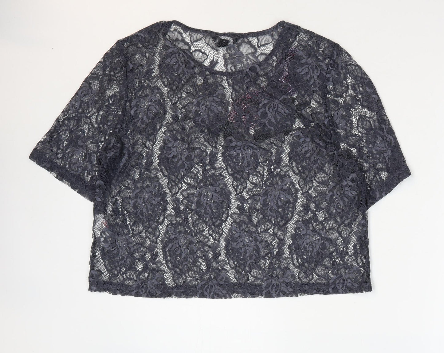 New Look Womens Grey Floral Polyester Basic T-Shirt Size 16 Round Neck