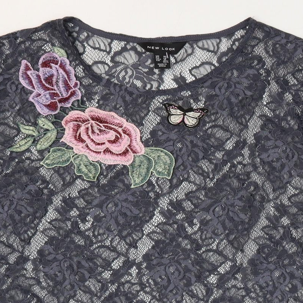 New Look Womens Grey Floral Polyester Basic T-Shirt Size 16 Round Neck