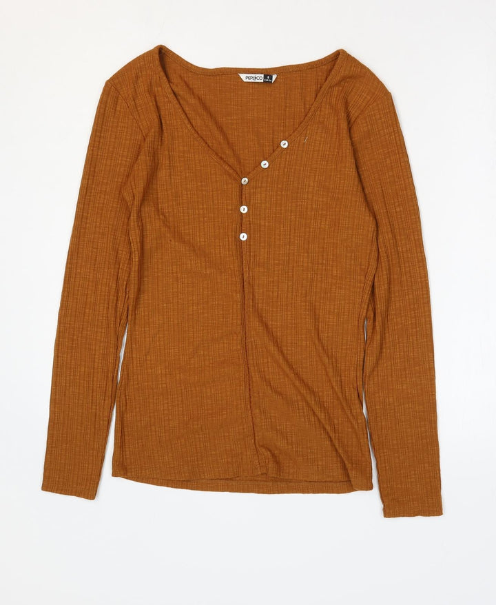 PEP&Co Womens Brown Polyester Basic Blouse Size 8 V-Neck