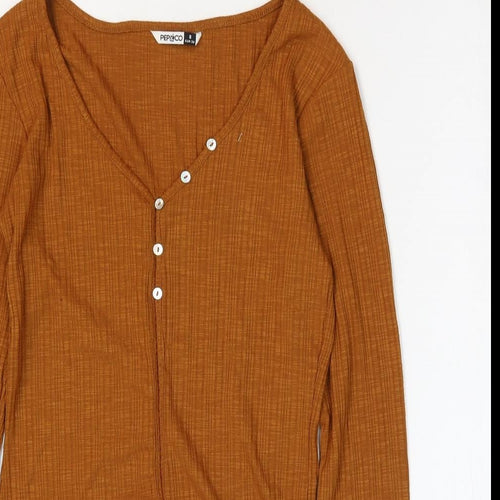 PEP&Co Womens Brown Polyester Basic Blouse Size 8 V-Neck