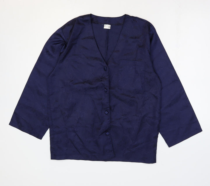 Preworn Womens Blue Floral Polyester Basic Button-Up Size 14 V-Neck