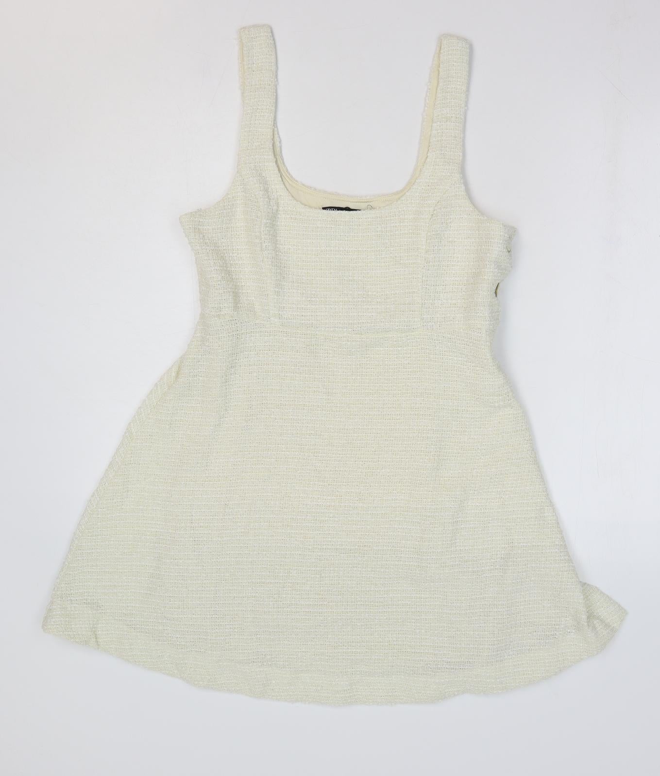 Zara Womens Ivory Polyester Pinafore/Dungaree Dress Size S Scoop Neck Button