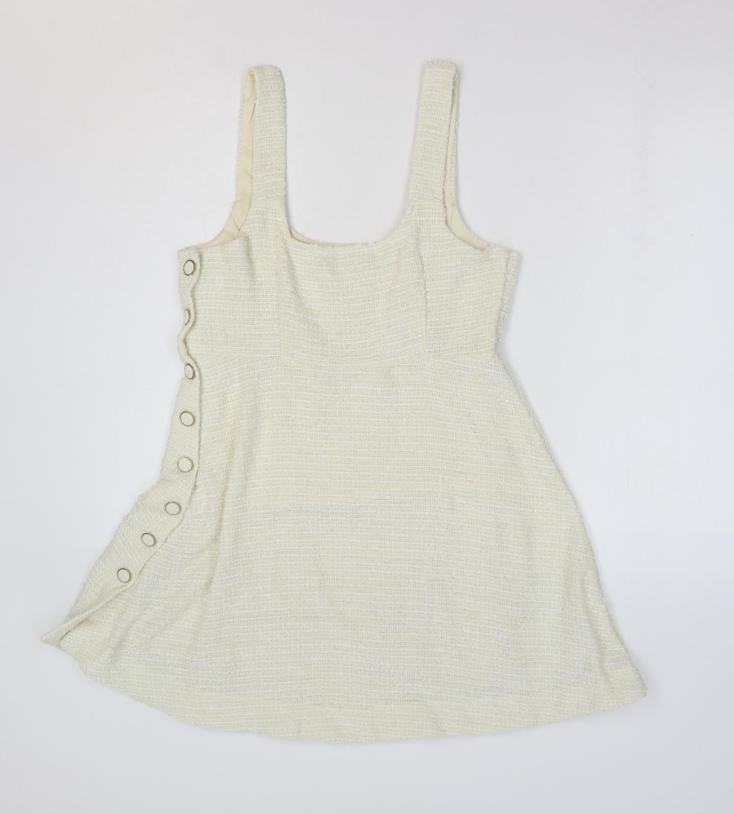Zara Womens Ivory Polyester Pinafore/Dungaree Dress Size S Scoop Neck Button