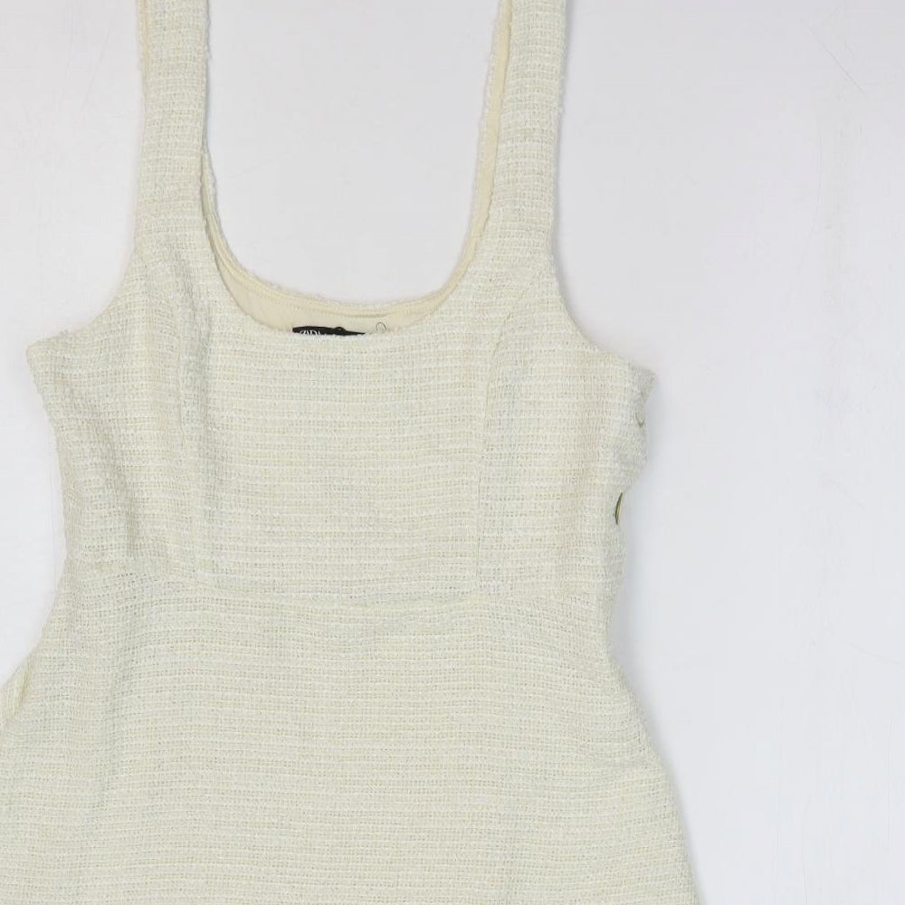 Zara Womens Ivory Polyester Pinafore/Dungaree Dress Size S Scoop Neck Button