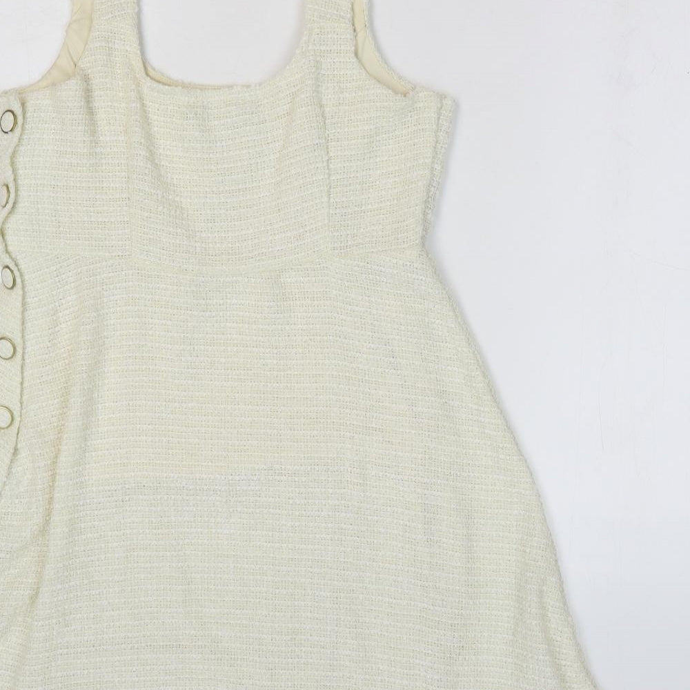 Zara Womens Ivory Polyester Pinafore/Dungaree Dress Size S Scoop Neck Button