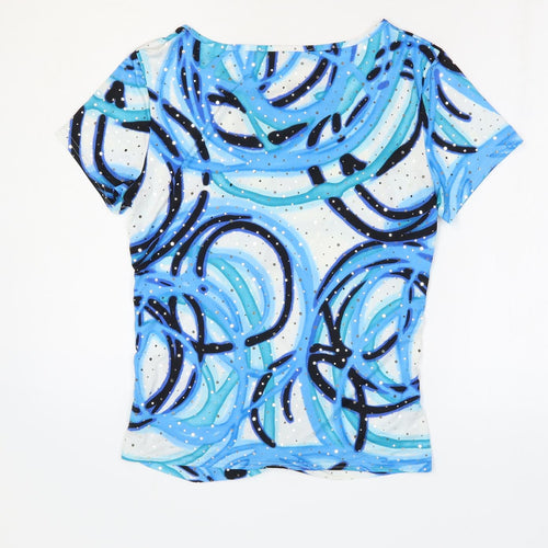 Autonomy Womens Blue Geometric Polyester Basic T-Shirt Size 10 Round Neck - Knot Front