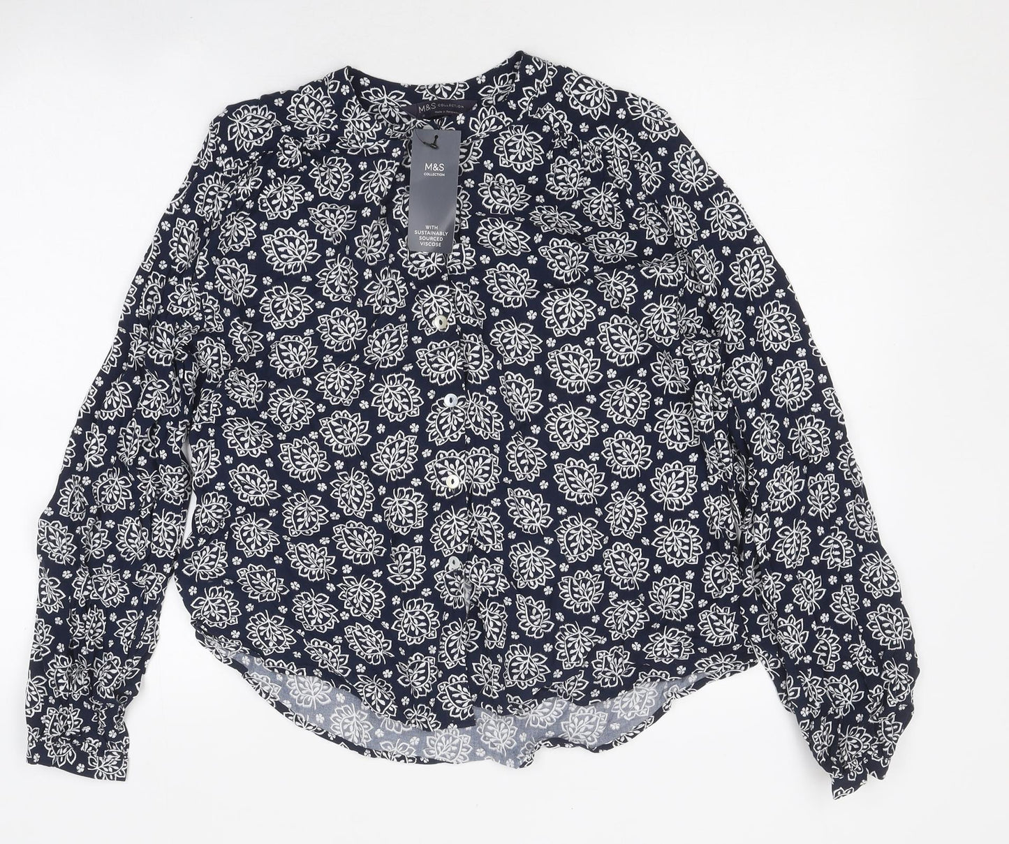 Marks and Spencer Womens Blue Geometric Polyester Basic Button-Up Size 10 High Neck