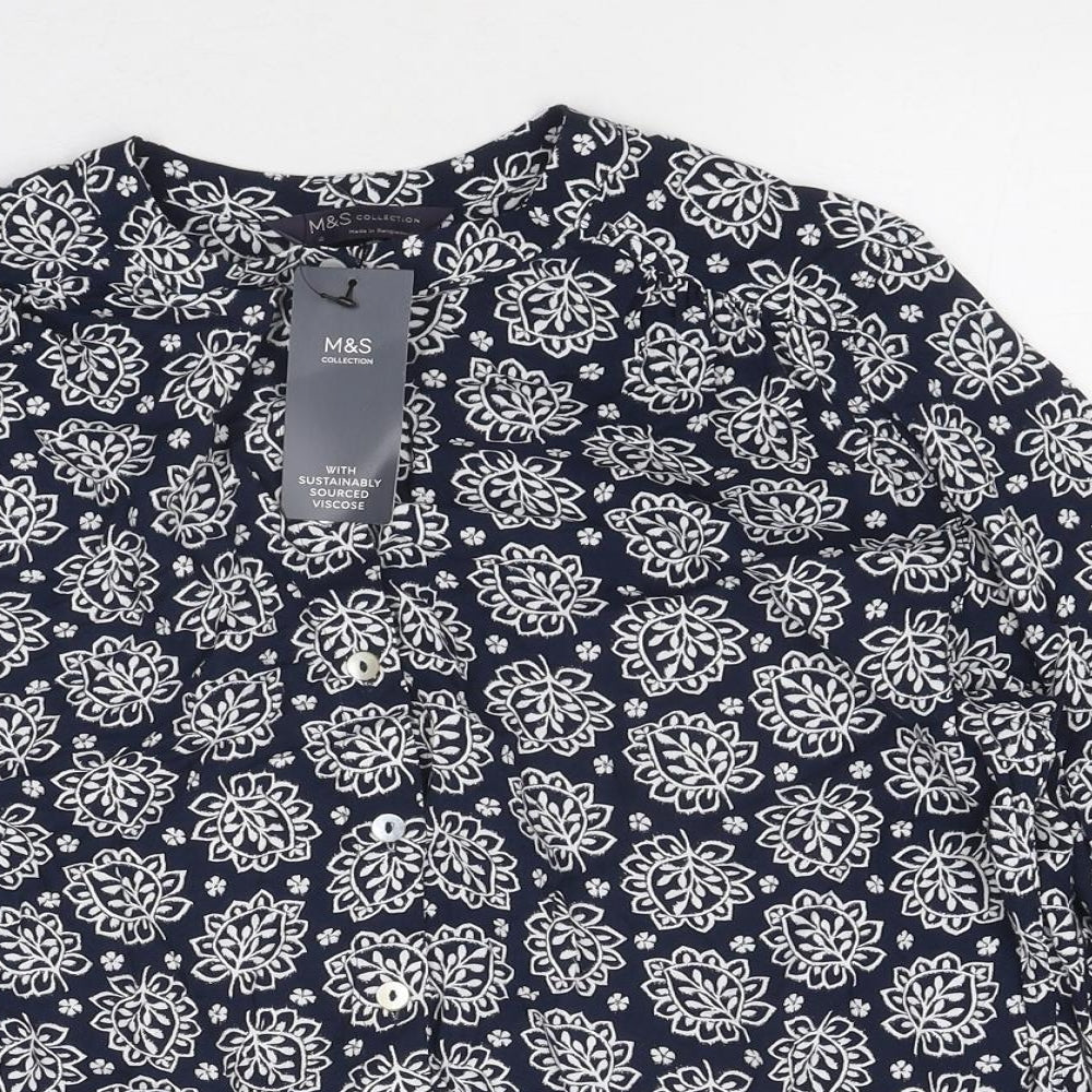 Marks and Spencer Womens Blue Geometric Polyester Basic Button-Up Size 10 High Neck