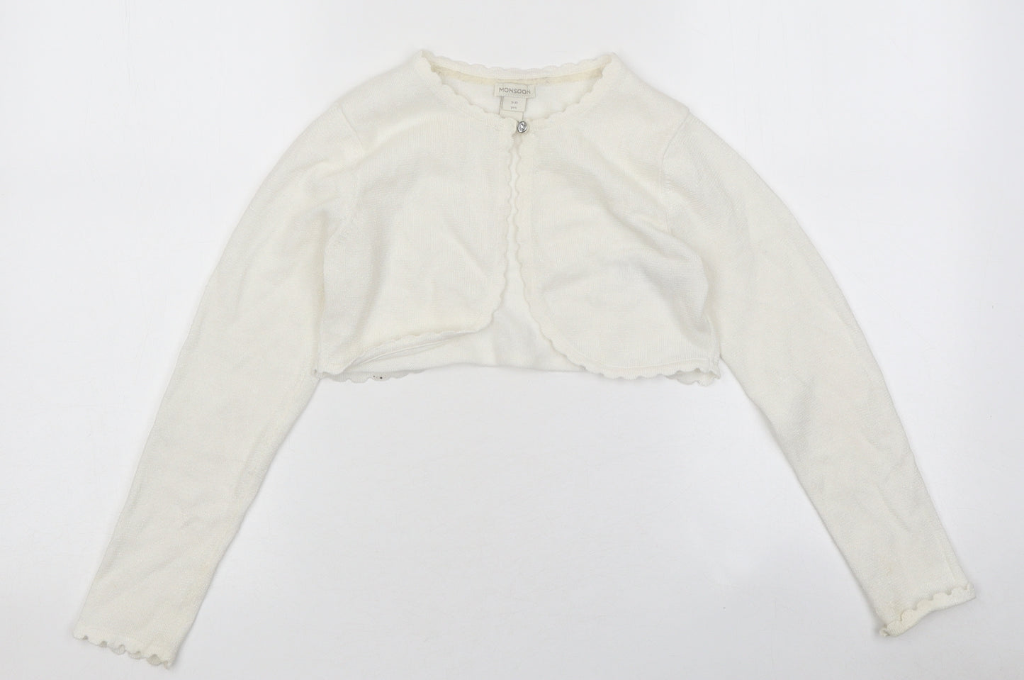 Monsoon Girls White Round Neck Polyester Shrug Jumper Size 9-10 Years Button - Crop
