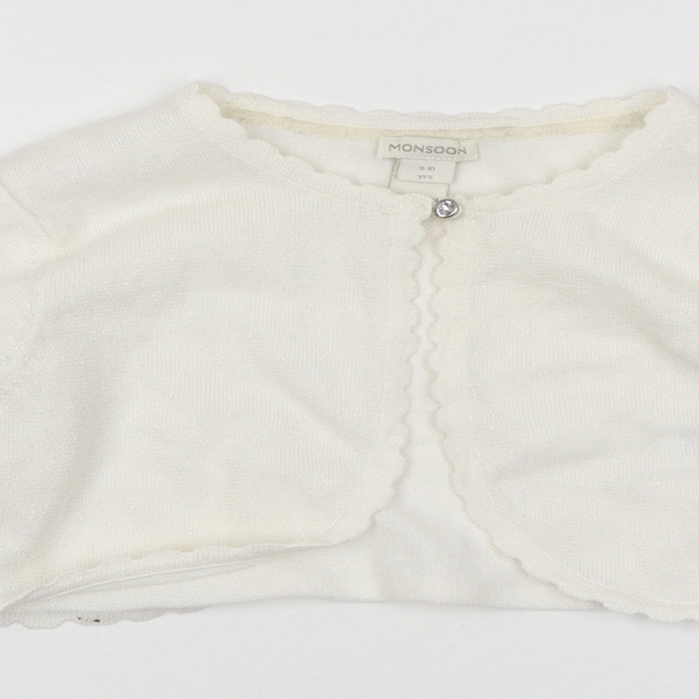 Monsoon Girls White Round Neck Polyester Shrug Jumper Size 9-10 Years Button - Crop