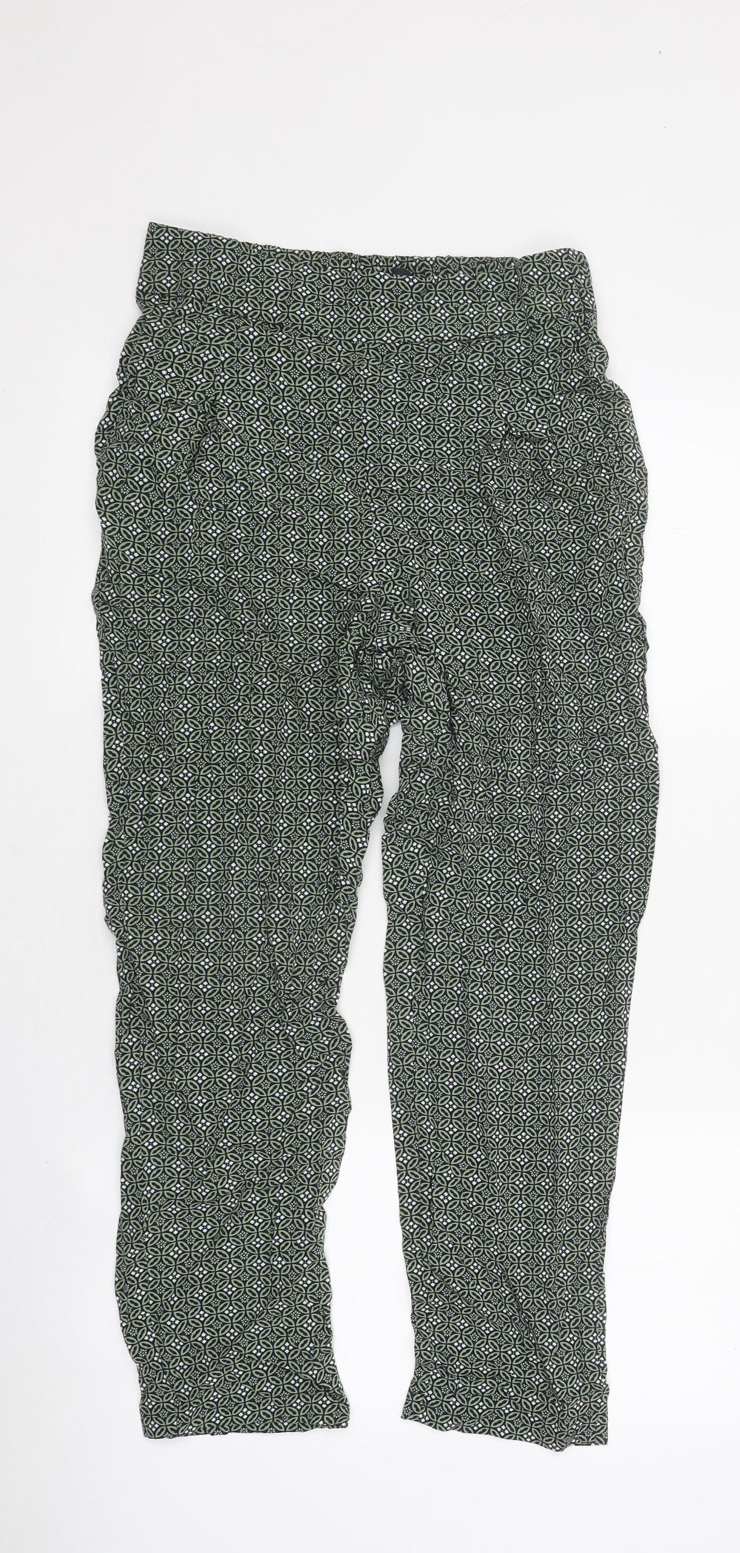 Marks and Spencer Womens Green Geometric Polyester Trousers Size 8 L26 in Regular