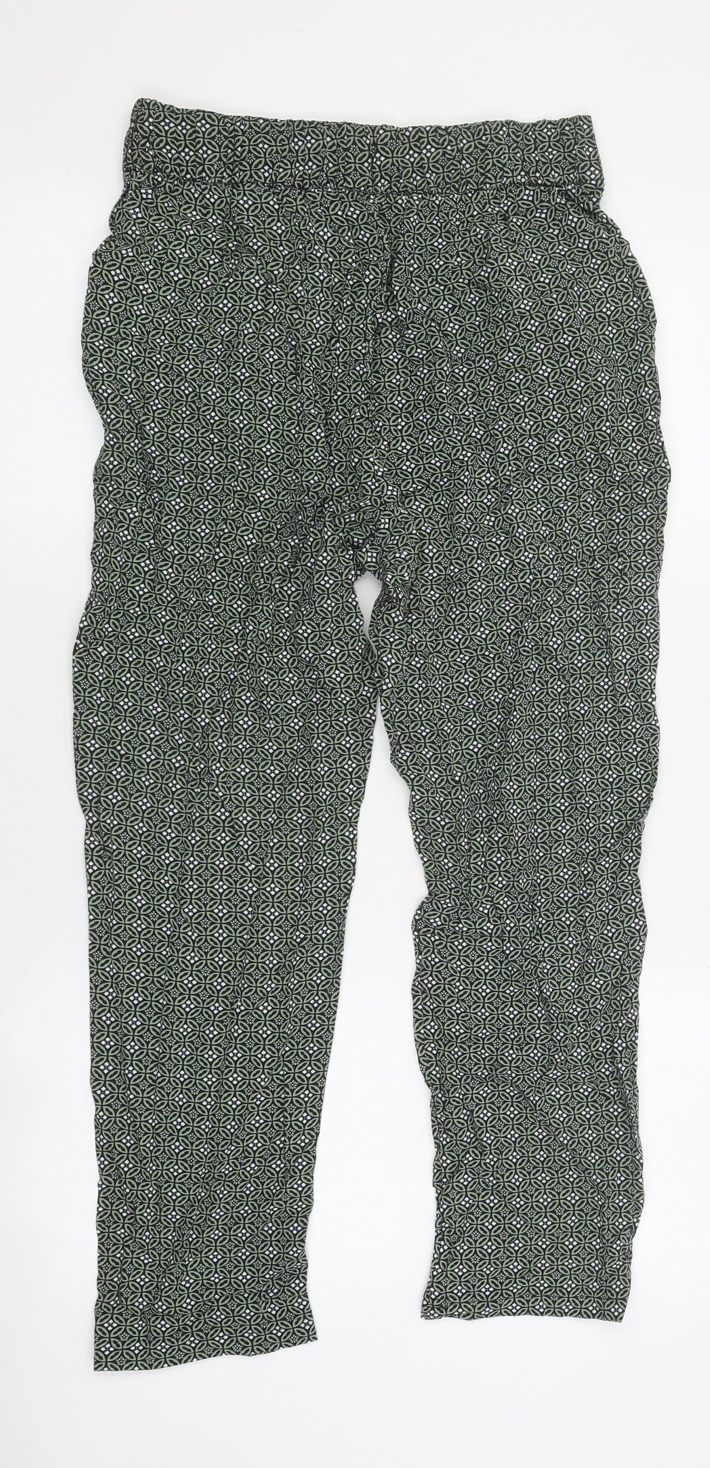Marks and Spencer Womens Green Geometric Polyester Trousers Size 8 L26 in Regular