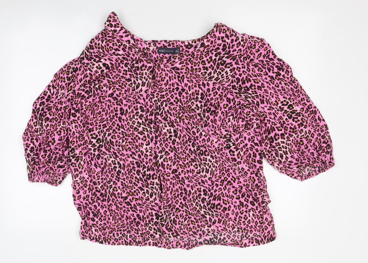 Marks and Spencer Womens Pink Animal Print Polyester Basic Blouse Size 18 Round Neck